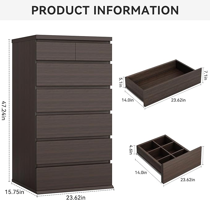 Brown Tall 7 Drawer Dresser for Bedroom, Modern Wood Closet Dressers & Chests of Drawers with Jewelry Storage, 23.6" L*15.8" W*47.5" H in Large Vertical Dresser for Bedroom, Living Room, Nursery