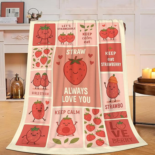 Cute Strawberry Blanket Funny Cartoon Berry Fruit Throw Blanket Soft Cozy Fleece Fuzzy Plush Warm Stuff Bedding Nursery Toddler Baby Blankets Gifts for Boys Girls Kids Adult Men Women 60"X80"