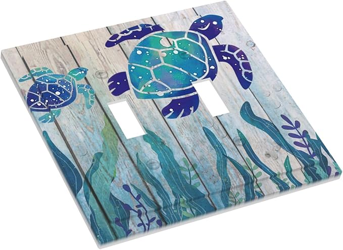 Sea Turtle Grass Seaweed on Rustic Wooden Board 2 Gang Light Switch Plate Decorative Double Toggle Wall Plate Ocean Grass Seaweed Receptacle Switchplate Decorate for Home Living Room Bedroom