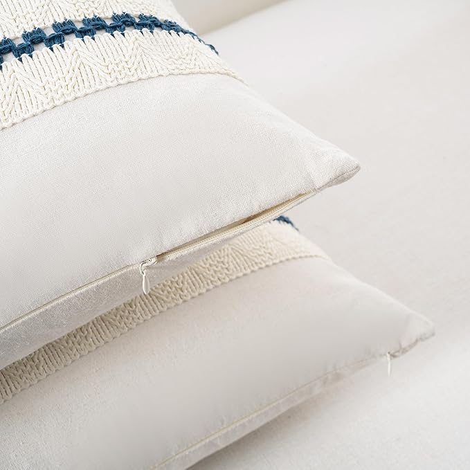 Fancy Homi Set of 2 Boho Teal Decorative Throw Pillow Cover 18x18 Inch for Couch Bed Sofa, Aesthetic Modern Organic Farmhouse Home Decor, Soft Cotton Cute Accent Macrame Woven Cushion Case