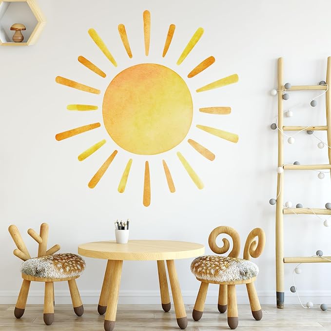 41.7” X 39.8” Watercolor Boho Sun Wall Decals Peel and Stick, PVC Sunrise Wall Stickers, Yellow Sunshine Wall Art Decor for Kids Room Playroom Nursery Bedroom