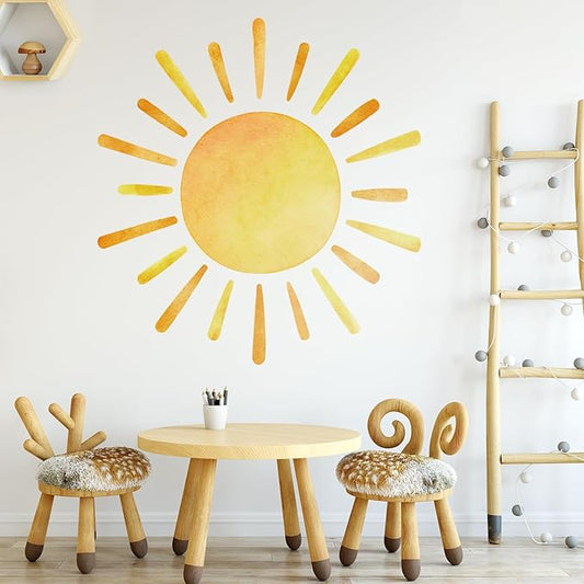 41.7” X 39.8” Watercolor Boho Sun Wall Decals Peel and Stick, PVC Sunrise Wall Stickers, Yellow Sunshine Wall Art Decor for Kids Room Playroom Nursery Bedroom