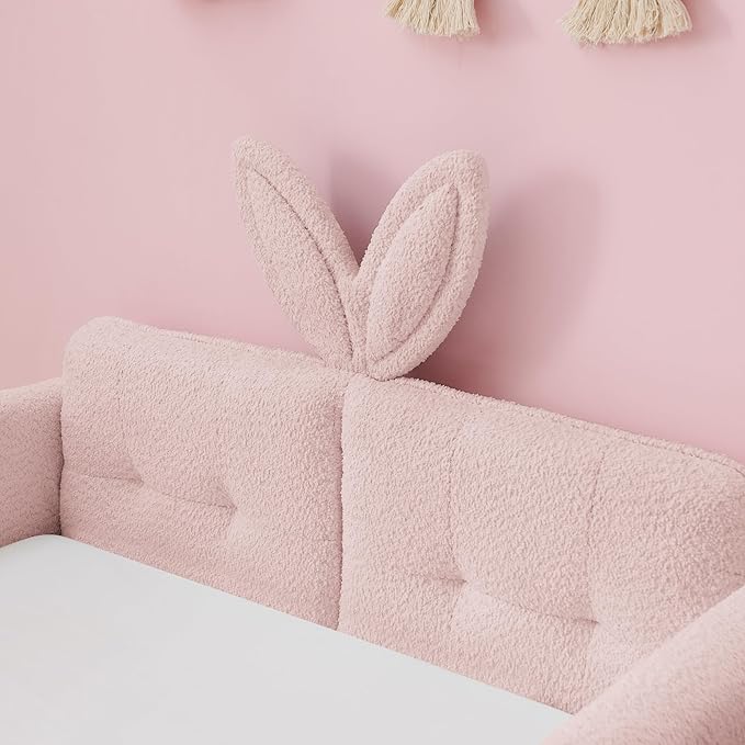 Twin Bed with Rails, Montessori Bed Frame for Toddlers, Boucle Upholstered Platform Bed with Rabbit Ear Headboard, for Kids & Teens, Pink