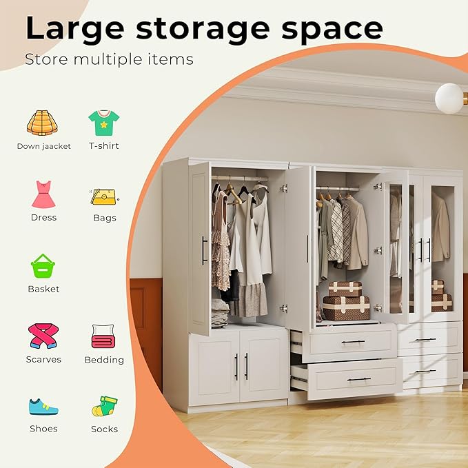White Armoire Wardrobe Closet with 6 Door: Combination Wood Wardrobe Closet with Glass Door Wooden Bedroom Armoire 4 Drawer with Hanging Rods for Home/Bedroom/Living Room