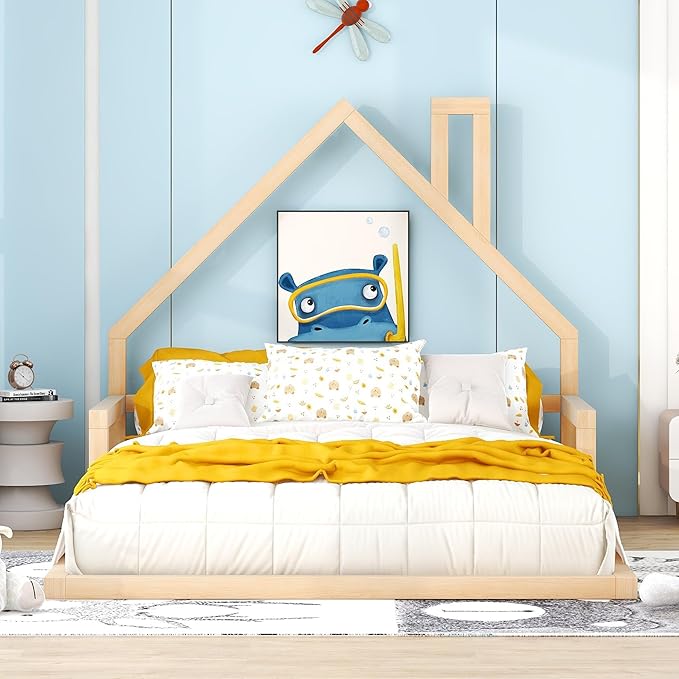 Harper & Bright Designs Full Size House Floor Bed, Montessori Floor Bed for Kids, Solid Wood Low Bed Frame for Bedroom, Playroom, Wooden Slats Support, Natural