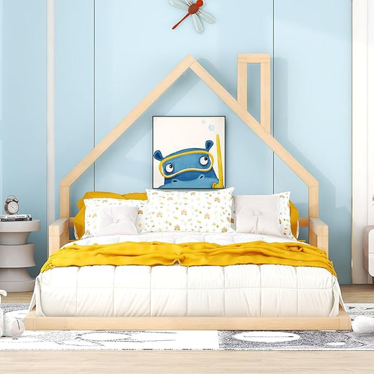 Harper & Bright Designs Full Size House Floor Bed, Montessori Floor Bed for Kids, Solid Wood Low Bed Frame for Bedroom, Playroom, Wooden Slats Support, Natural