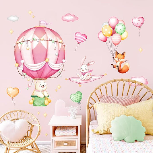 Hot Air Balloon Wall Decals for Girls, Cartoon Bear Fox Rabbit Wall Stickers Peel and Stick Vinyl Decor for Baby Nursery Room Toddlers Bedroom Playroom