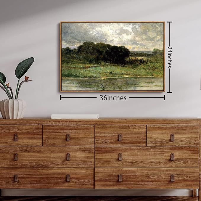 OIQArtOIQ Framed Vintage Landscape Wall Art Lake Natural Scenery Oil Painting Canvas Prints Country Farmhouse Decor Aesthetic Pictures for Kitchen Bedroom Living Room Bathroom