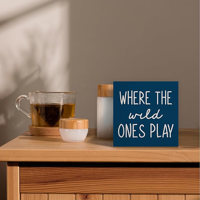 Where The Wild Ones Play Navy Blue Wood Box Sign Desk Decor 5X5, Nursery Kids Room Wooden Block Sign Decorations for Playroom Toddler Boys Girls Room Wall Tabletop Shelf Decor