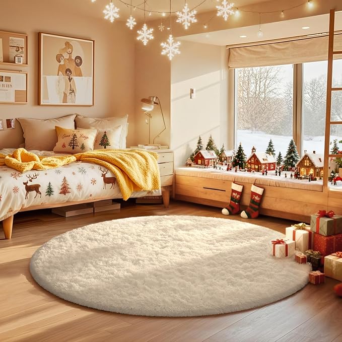 Ophanie Round Rug 4Ft Ivory Circle Area Rug, Aesthetic Christmas Room Decor, Fluffy Fuzzy Bedroom Carpet, Plush Soft Shaggy Cream Rugs for Kids Home, Nursery, Living Room