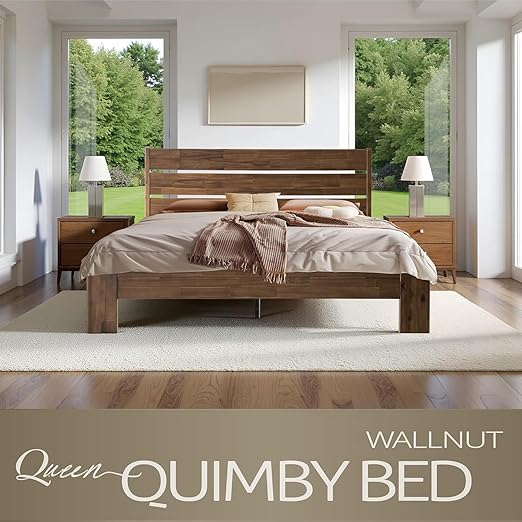 Queen Size Bed Frame with Headboard & Footboard Solid Wood Platform Bed, Central Metal Legs, 12 Sturdy Slatted Base, Easy Assembly, No Box Spring Needed, Anti-Noise & Slip-Free, Walnut Finish, QIQ-37