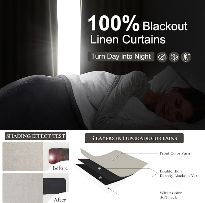 Natural Linen 86 Inch 100% Blackout Curtains for Bedroom, Pleated Heading Tape Ring Clips Back Tab Thermal Custom Made Window Curtains Living Room Modern Farmhouse (100 Wide Total, Each W50"x2Pcs)