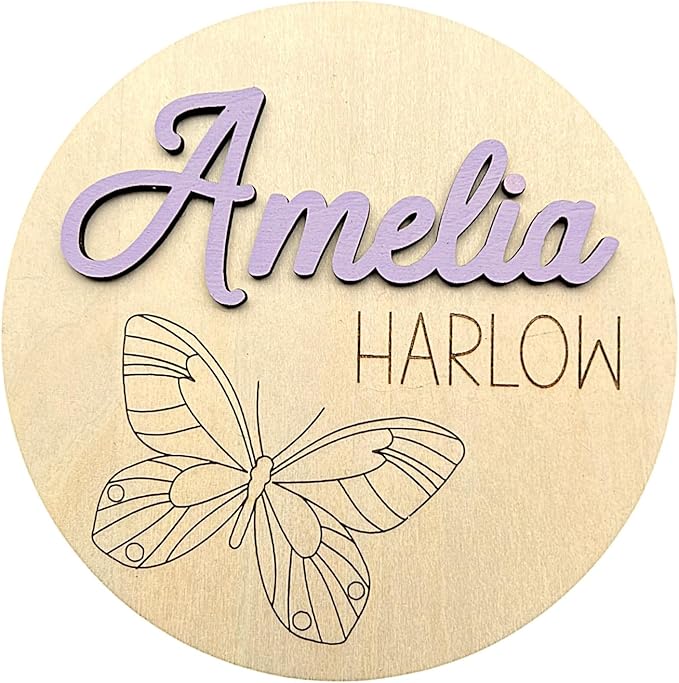 Personalized 3D Butterfly Birth Announcement Sign, Wooden Name sign, Hospital Photo prop Baby Name Reveal, Many font options, 30 Colors(Engraved Minimalist Butterfly)