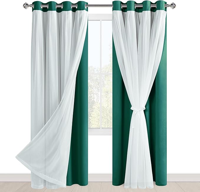 Hiasan Blackout Curtains with Sheer Overlay, Thermal Insulated Privacy Double Layer Mix & Match Grommet Window Curtains for Christmas,Living Room, 2 Drape Panels with Tiebacks, Hunter Green, 52W X 84L