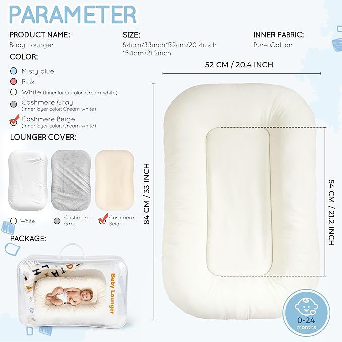 Baby Lounger & Snuggle Nest for Newborn 0-24 Months, Baby Nest Supervised Breathable Cotton for Newborn, Newborn Essentials Gifts, Breathable Portable Lounnger for Travel and Home(Cashmere Beige）