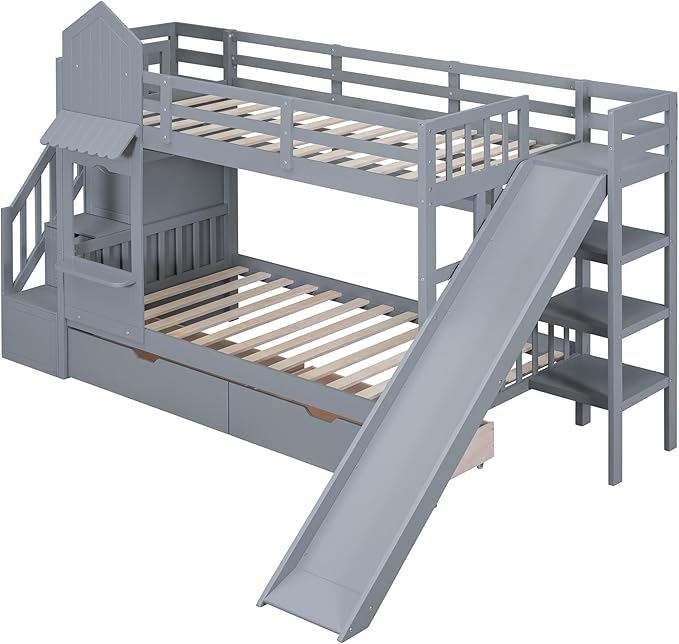 Full-Over-Full Castle Style Bunk Bed with 2 Drawers and 3 Shelves, Wood Bunk Bed Frame with Slide and Storage Staircase for Kids Teens Boys Girls, Maximize Space Savings