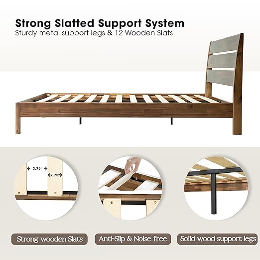 Queen Size Bed Frame with Headboard & Footboard Solid Wood Platform Bed, Central Metal Legs, 12 Sturdy Slatted Base, Easy Assembly, No Box Spring Needed, Anti-Noise & Slip-Free, Walnut Finish, QIQ-37