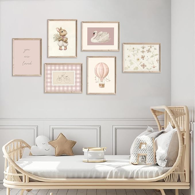 Pink Nursery Wall Art Baby Girl Canvas Wall Decor Vintage Poster Bunny Flower Wall Art Antique Preppy Pictures Animal Floral Prints Kids Swans Painting for Girls Room Bedroom 12x16x6 Inch Unframed