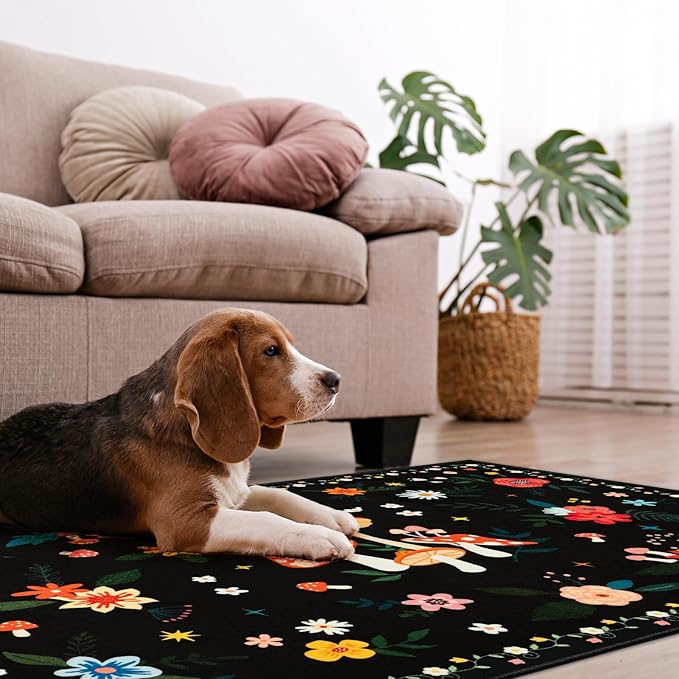 3x5 Machine Washable Area Rug, Non-Slip Small Vintage Floral Washable Rug for Girls, Low Pile Carpet for Living Room, Entryway, Bedroom & Dorm Room(3x5 Black Mushroom)