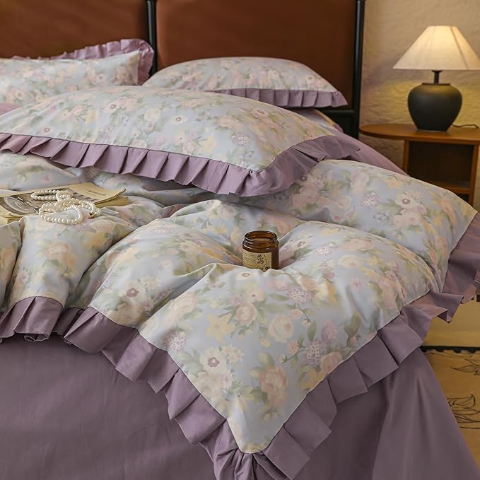 Garden Style Flower Duvet Cover with Purple Ruffles Vintage Floral Duvet Cover 100% Cotton Princess Lace Bedding Set Botanical Flower Comforter Cover Boho Cottagecore Bedding Cover with Zipper Ties
