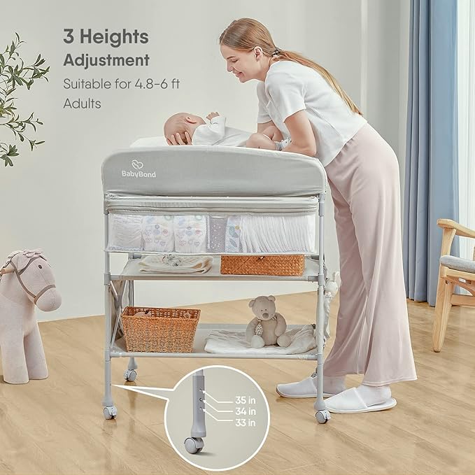 Portable Baby Changing Table, BabyBond Foldable Changing Table Dresser Waterproof Diaper Changing Table Height Adjustable Changing Station for Infant and Newborn(Beige)