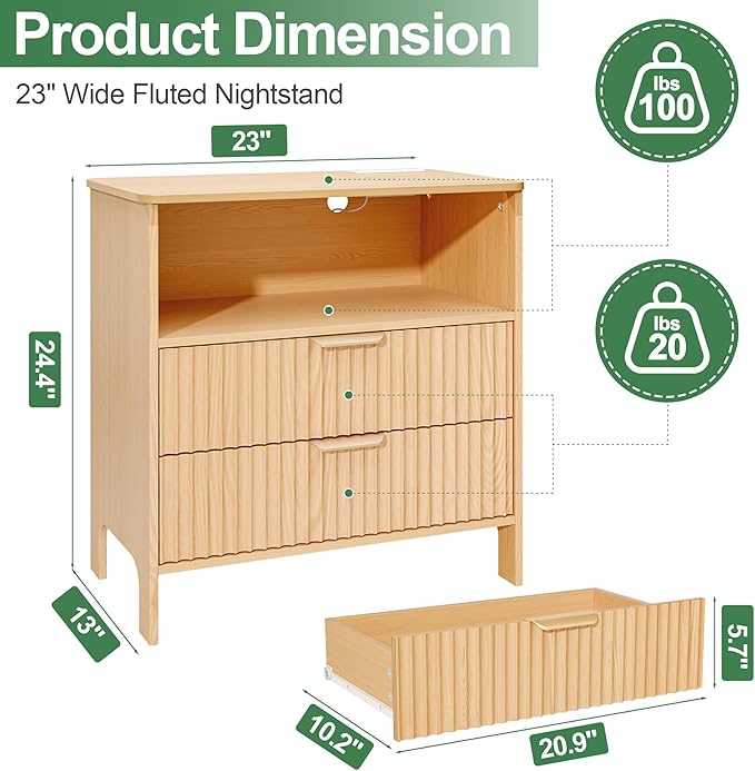 Fluted Nightstand with Charging Station, Wood Night Stand with 2 Large Drawers and Storage Shelf, Natural Bed Side Tables Bedroom, Mid Century Modern Nightstand for Bedroom/Living Room