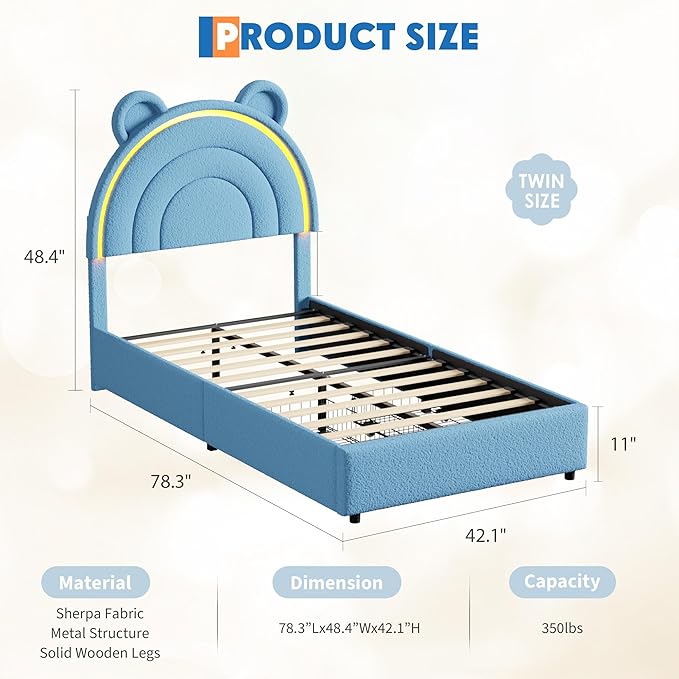 Garvee Twin Size Bed Frame with 4 Storage Drawers & LED Lights, Velvet Upholstered Platform Bed with Rainbow Headboard for Kids/Boys, Solid Wood Slats Support, No Box Spring Needed, Blue