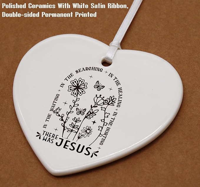 Heart Shaped Christmas Ornament-Christian Scripture Bible Verse Gift for Women Men-Inspirational Affirmation There was Jesus Faith Reminder Religious Keepsake Home Decor