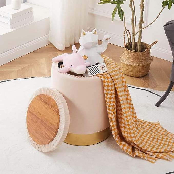 Mxfurhawa Velvet Storage Ottoman Multipurpose Footrest Stool with Metal Base Modern Round Vanity Stool Chair Ottoman Foot Stools Support 300 lbs Padded Seat for Living Room (Champagne)