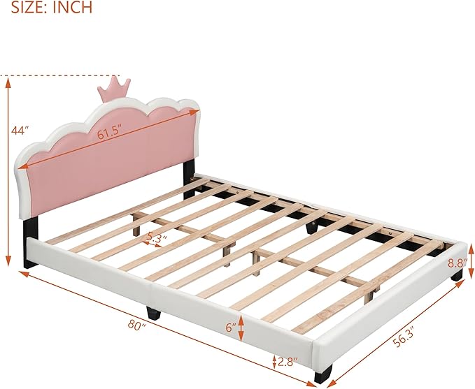 CITYLIGHT Full Size Pink Cute Bed, PU Upholstered Girl's Platform Bed Frame with Crown Headboard, Full Bed Frame for Kids and Teens, White+Pink
