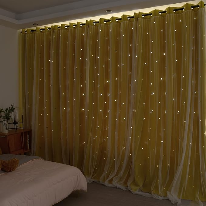 Kinryb Kids Blackout Curtains for Bedroom/Living Room/Classroom, Sheer Overlay 2 Panel Set, Double Layer Curtains with Star Cutout for Kids Room(Each Piece W 70 x L 95 Inches 2 Pcs Yellow)