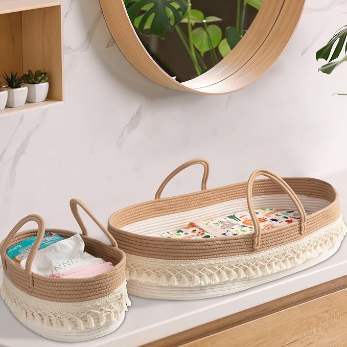 Baby Changing Basket, Boho Moses Baskets for Newborn, Baby Basket for Baby Dresser, Diaper Changing Basket for Baby with Diaper Caddy, Cartoon Changing Pad, Waterproof Sponge Cushion, Storage Bag
