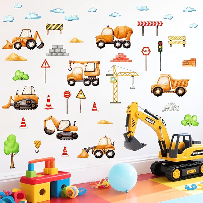 Car Truck Wall Decals Construction Vehicle Wall Stickers Cartoon Watercolor Car Tractor Stickers Peel and Stick Transportation Wall Decals for Kids Room Boys Bedroom Playroom Nursery Decor