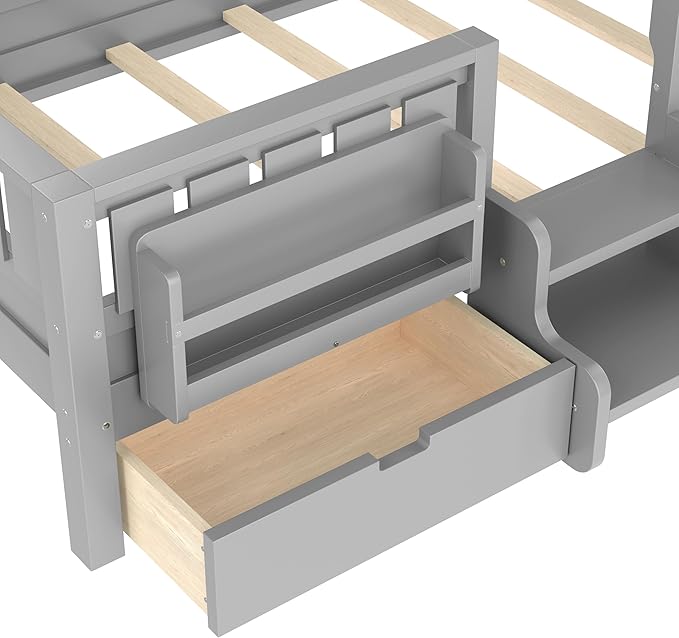 Bellemave Twin Size Kids Bed with high Rails and with Built-in Bookshelf and Drawers for Kids, Girls, Boys, Wood Montessori Bed Without Door, Gray