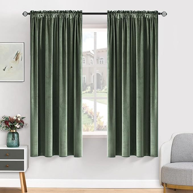 MIULEE Velvet Curtains Sage Green Thermal Insulated Blackout Curtain Drapes for Bedroom Living Room Darkening 63 Inches Long Curtains Panels Rod Pocket Set of 2