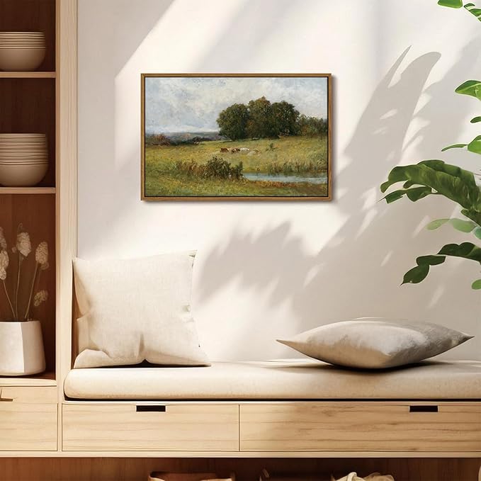 OIQArtOIQ Vintage Landscape Canvas Wall Art Framed Natural Scenery Painting Artwork Prints France Country Wilderness Farmhouse Decor Pictures Kitchen Bedroom Living Room Bathroom
