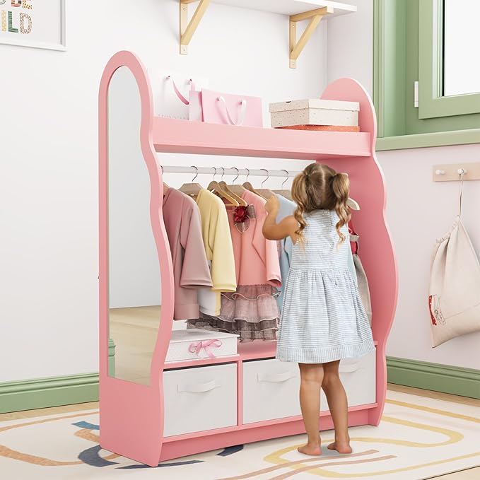 Kids Dress Up Storage Rack Mirror Wood Child Wardrobe 2 Hooks 2 Fabric Bins Toddler Closet Girls Boys Open Hanging Armoire Storage Shelf Coat Costume Hat Shoe (Cloud+Pink+Three Drawers)