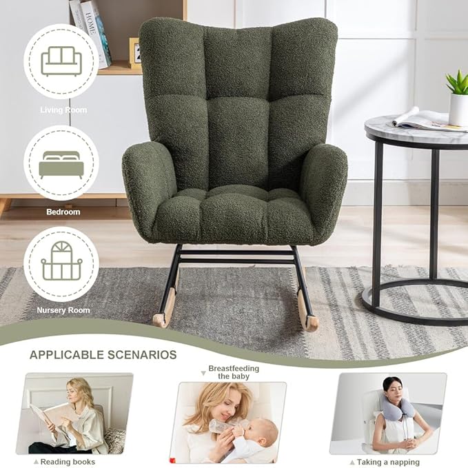 Nursery Rocking Chair Teddy Upholstered Glider Rocker Rocking Accent Chair with High Backrest Armchair Comfy Side Pocket Chair for Living Room, Bedroom, Offices (Dark Green)