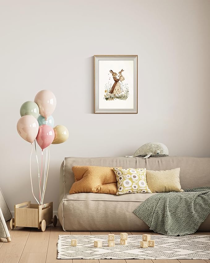 ARPEOTCY Framed Canvas Wall Art, 12x16 Inch Vintage Bunny Mom and Baby Rabbit Print, Nursery Wall Decor for Baby Room, Girls Bedroom or Mother's Day Gift