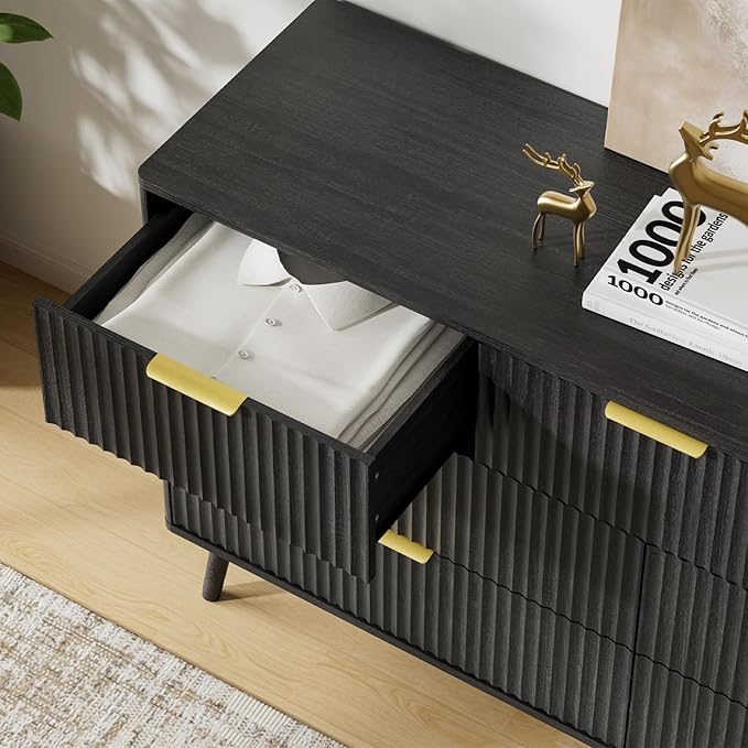 LYNSOM 55" Wide Fluted Dresser for Bedroom with 6 Drawer, Modern Chest of Drawers with Curved Profile Design and Metal Handles, Wood Dresser TV Stand & Storage Organizer for Living Room, Black