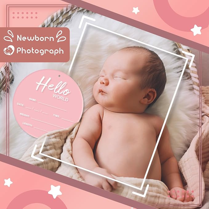 Baby Announcement Sign, 6.7 Inch Hello World Newborn Sign, Thickness Upgrade Baby Birth Sign for Nursery Hospital Newborn Photo Props Essentials (Pink)