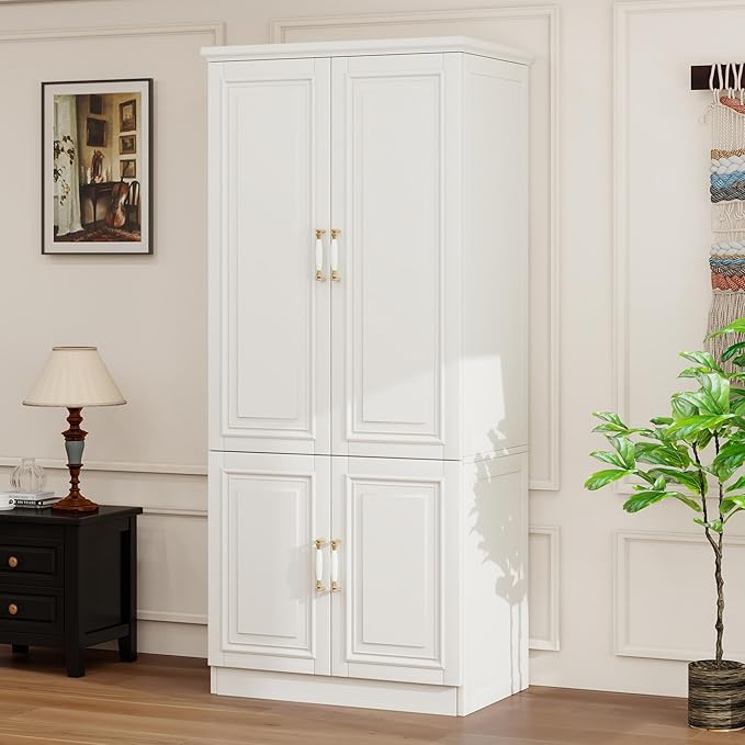 Solid Wood Wardrobe Closet:TemkTuek 70.87" Armoire,Clothing Storage Cabinet with Doors,Shelves and Hanging Rails,Vintage Freestanding,Bedroom,White(18)