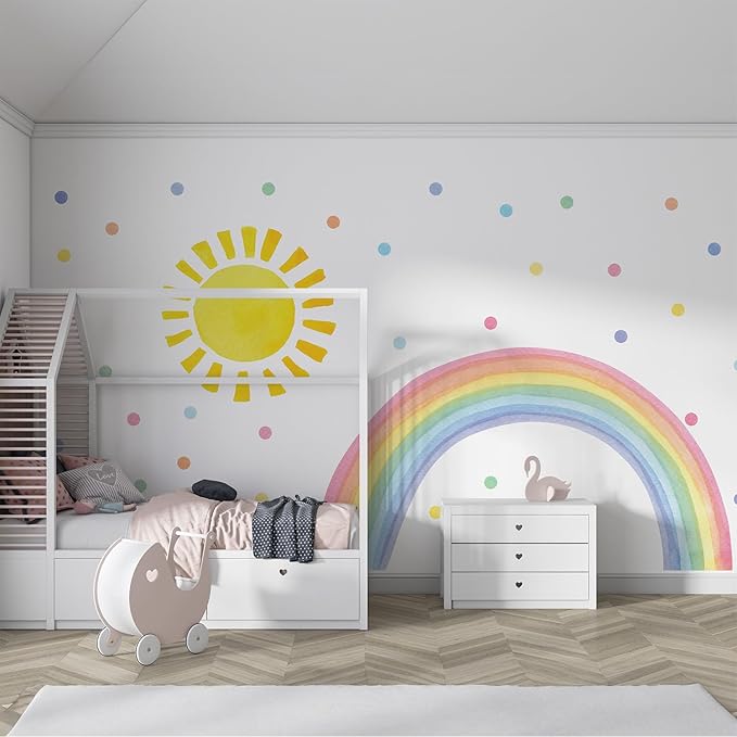 Watercolor Rainbow, Sun, Polka Dots Wall Decal for Kids Room, Nursery, Baby Room Decor, Polka Dots Mural, Rainbow Wallpaper (Rainbow-Sun-Polkadots, XLarge)