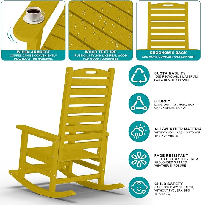 Outdoor Rocking Chair Set of 2 with Removable Footboard for Adults, HDPE High Back Patio Rocking Chairs, 330lbs All Weather Porch Rocking Chairs for Outdoor & Indoor -Yellow
