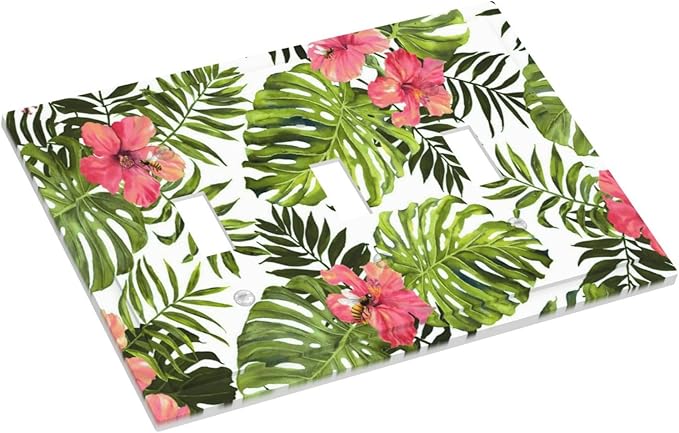 Tropical Plant Green Palm Triple Toggle Light Switch Cover 3 Gang Wall Plate Decorative Banana Leaves Pink Flower Rainfores Jungle Botanical Electrical Facplate for Bathroom Kitchen Home 6.7" x 4.8"
