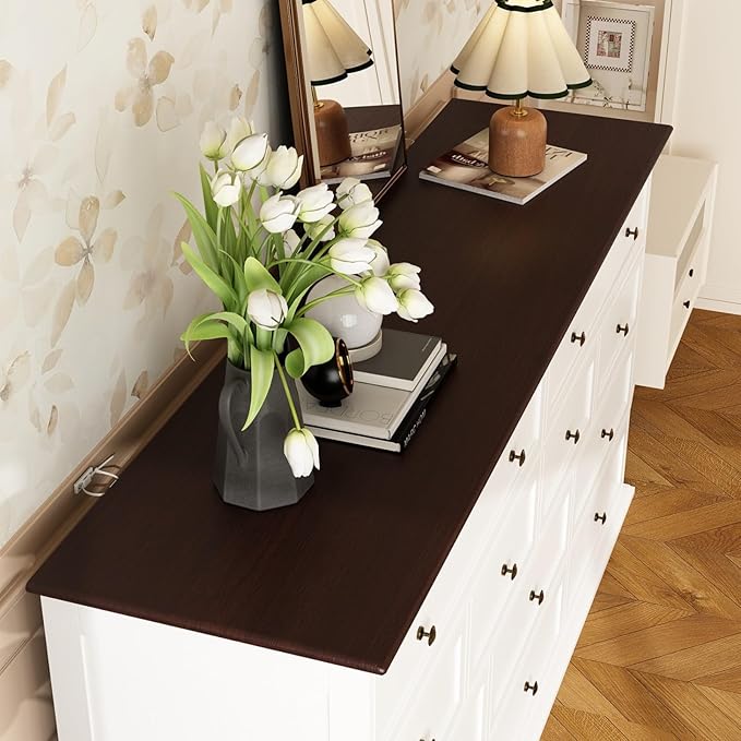 12 Drawer Dresser Chest of Drawers, White Dresser for Bedroom, Retro Wood Dressers with 12 Drawers, for Living Room Bedroom Hallway, White and Brown 15.7”D x 61”W x 31.5”H