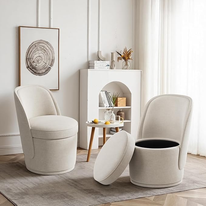 Swivel Accent Chair Set of 2, 360° Swivel Round Chair with Hidden Storage, Modern Small Barrel Armchair for Living Room/Bedroom, Beige