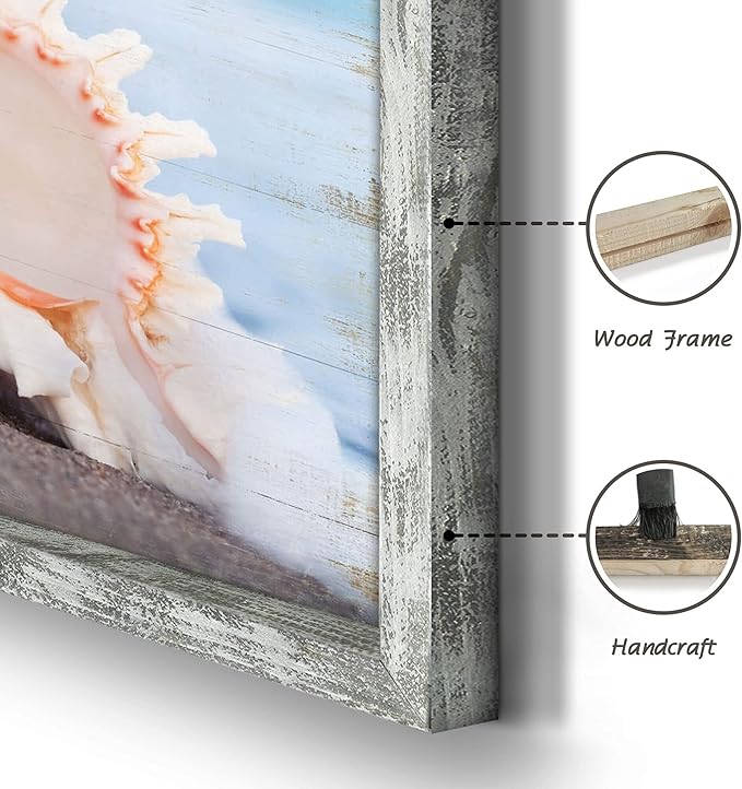 Beach Prints Wooden Wall Art: Seashell Conch Starfish Pictures Collection Set of 4 Ocean Art Seaside Framed Wall Decor for Living Room Overall 48"W x 32"H