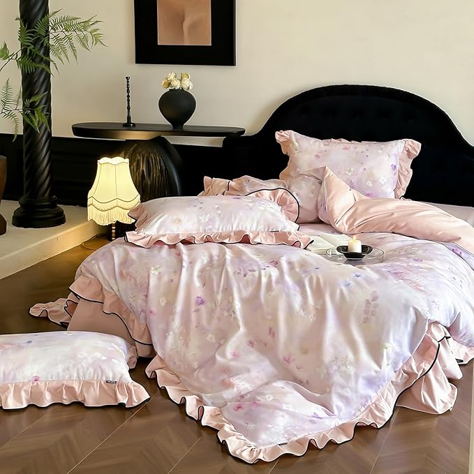 HighBuy Farmhouse Floral Ruffle Duvet Cover Set Twin Pink Ruffle Brushed Cotton Bedding with Zipper Closure,Shabby Vintage Bedding Set for Hot Sleepers - 1 Duvet Cover and 2 Pillowcases