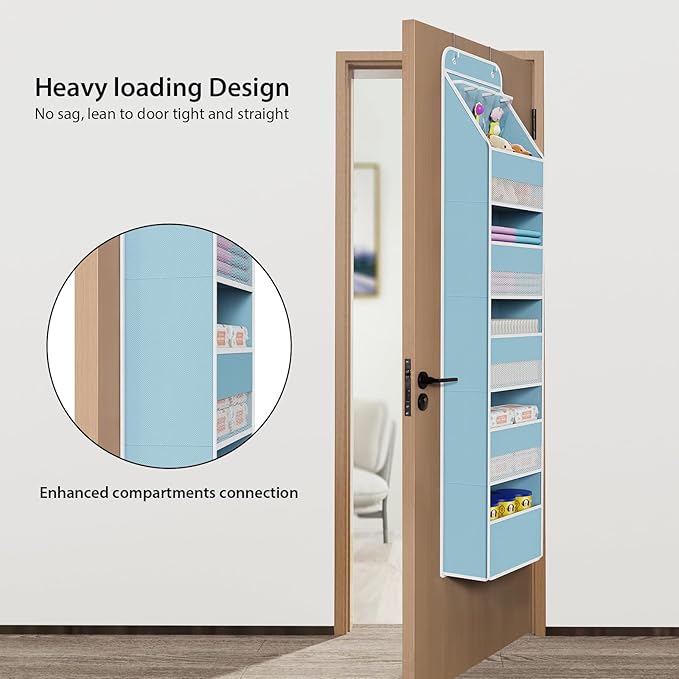 Univivi 6-Shelf Over Door Hanging Organizer Fabric Baby Door Storage with 5 Large Pockets and 3 Small PVC Pockets Wall Mount Hanging Storage Organizers for Baby Essential (Blue)